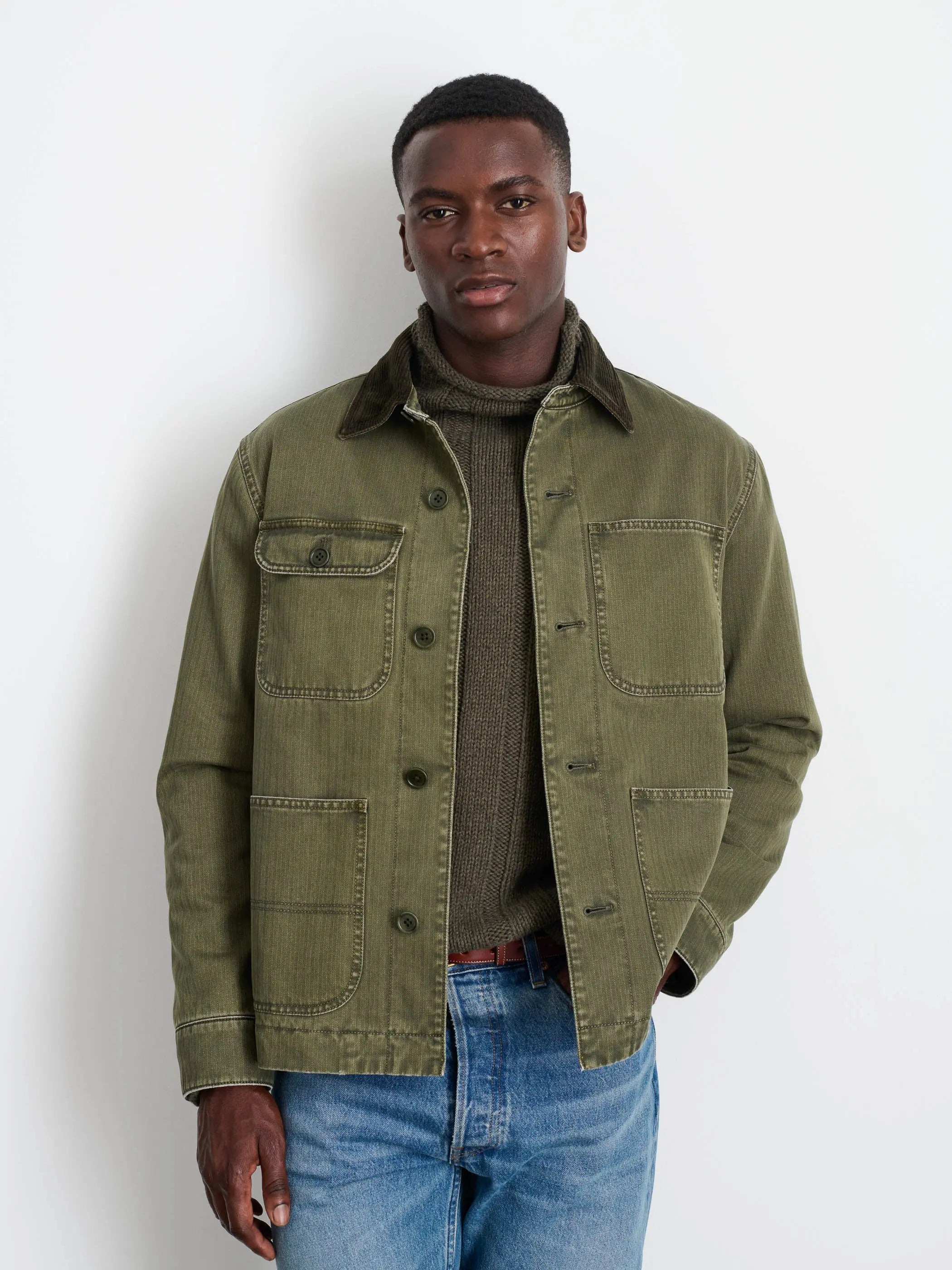 Work Jacket in Cotton Herringbone- Field Olive Alex Mill