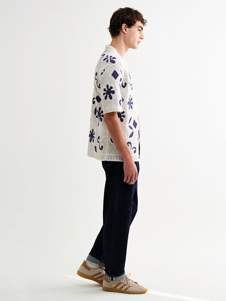 Porto- Ecru/Navy Doodle Crochet Knit Wax London Shirts