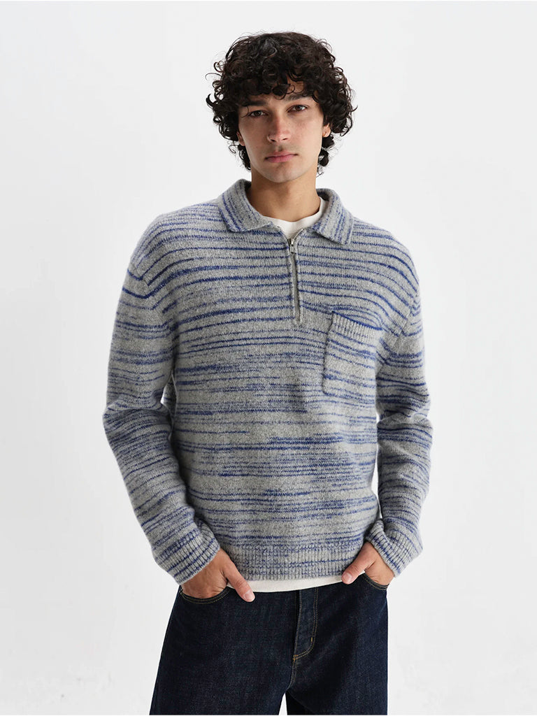 Alpha Zip Polo- Grey/Blue Space Dye Wax London Sweaters
