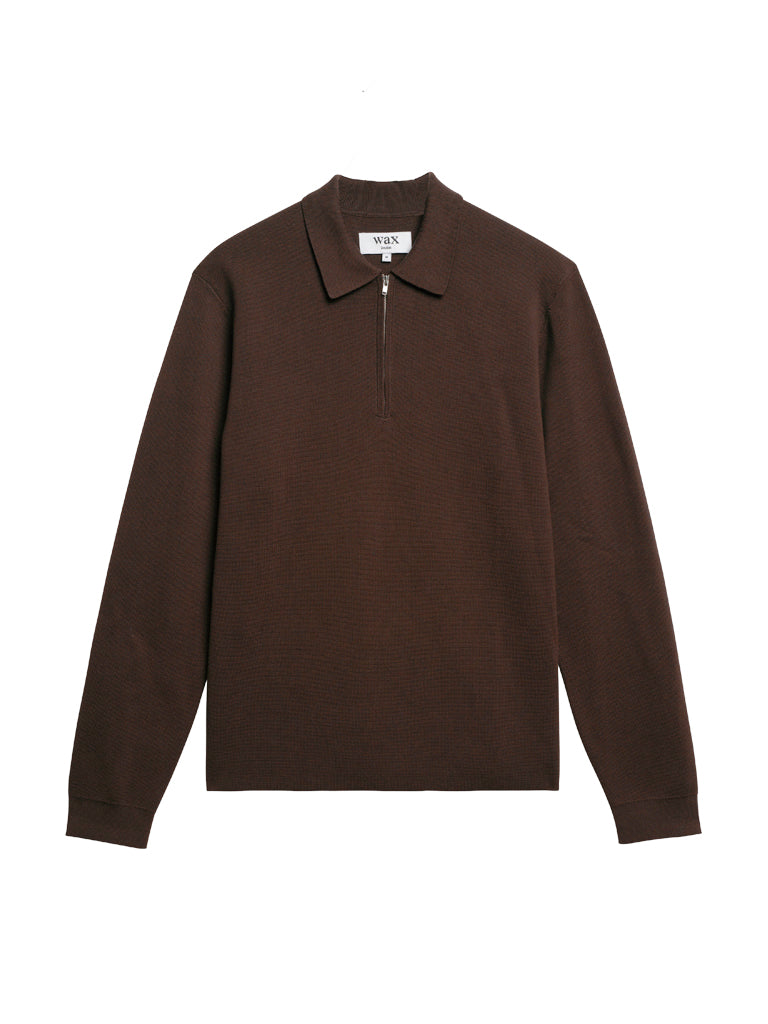 Maley Zip Polo- Dark Brown Milano Knit Wax London Sweaters