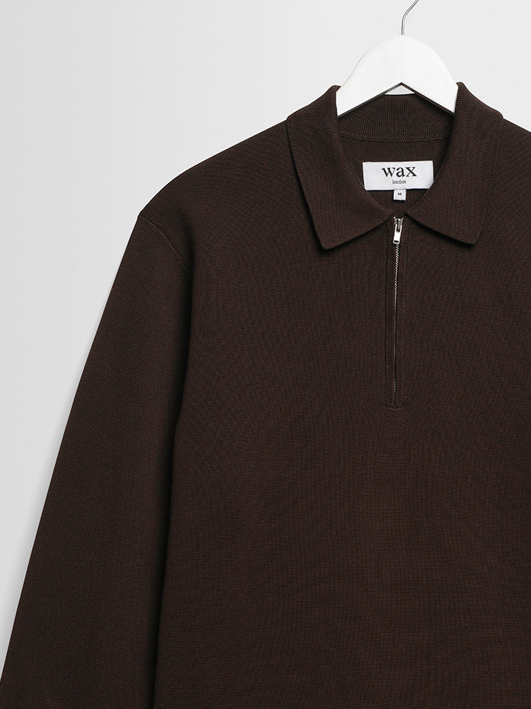 Maley Zip Polo- Dark Brown Milano Knit Wax London Sweaters