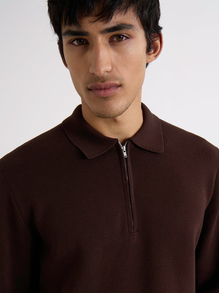 Maley Zip Polo- Dark Brown Milano Knit Wax London Sweaters