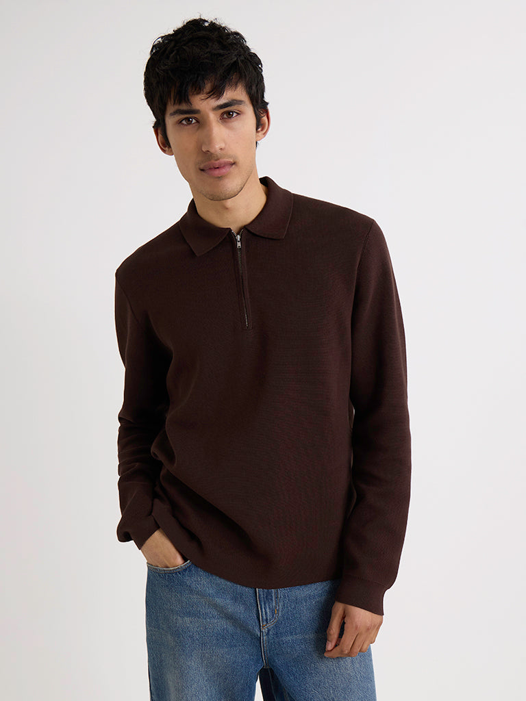 Maley Zip Polo- Dark Brown Milano Knit Wax London Sweaters