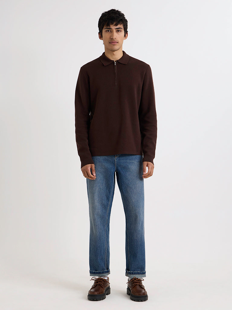 Maley Zip Polo- Dark Brown Milano Knit Wax London Sweaters