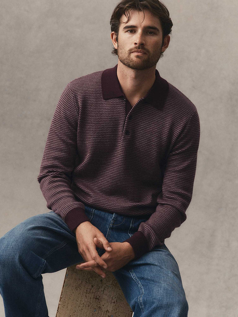 Newton Sweater Polo- Burgundy Birdseye Merino Taylor Stitch Sweaters