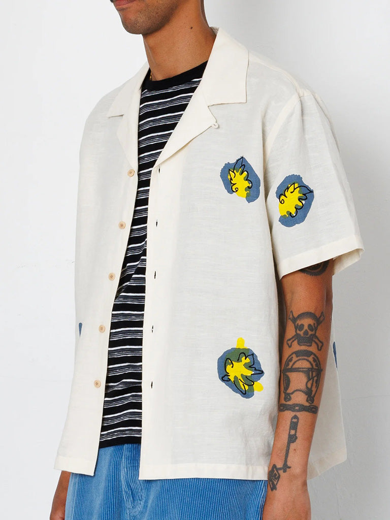 Relaxed Soft Collar Shirt- Embroidered Flower Ecru Folk Shirts