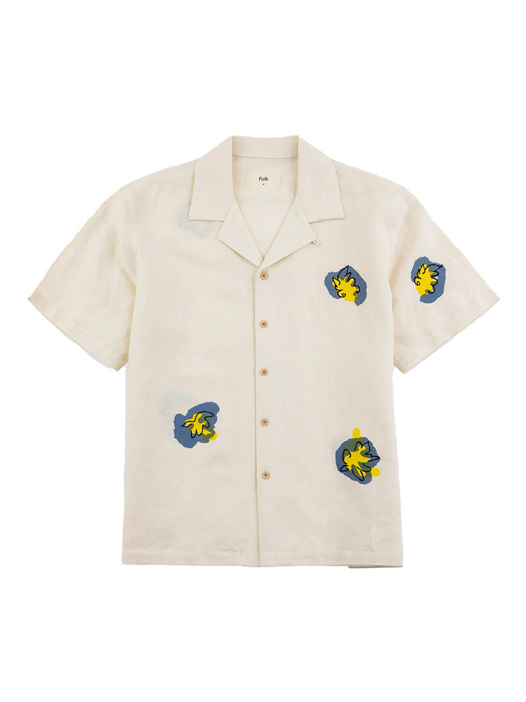 Relaxed Soft Collar Shirt- Embroidered Flower Ecru Folk Shirts